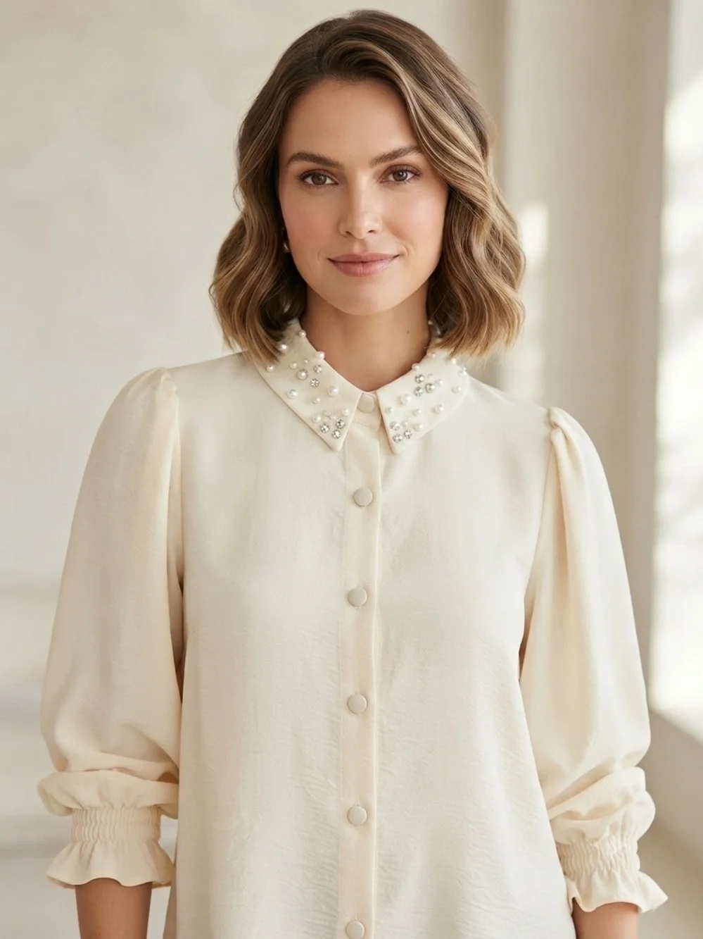 ZARA Pearl and Rhinstone Collar Cream Button-Front Blouse
